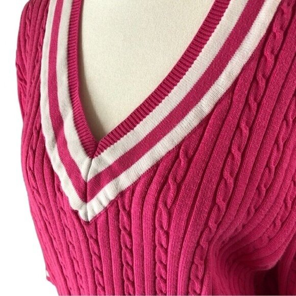 Chaps Classic Cotton Tennis Sweater Women XL Pink White VNeck Long Sleeves - Picture 2 of 7
